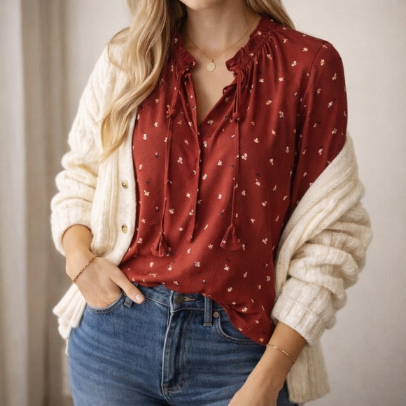 LOFT Tops - LOFT XS Burgundy Floral Tie Neck Blouse Cottagecore Boho Long Sleeve